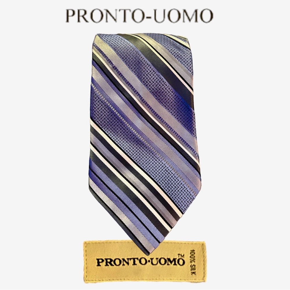 Pronto Uomo 100% Silk Luxury Purple Back White Striped Tie X-Long